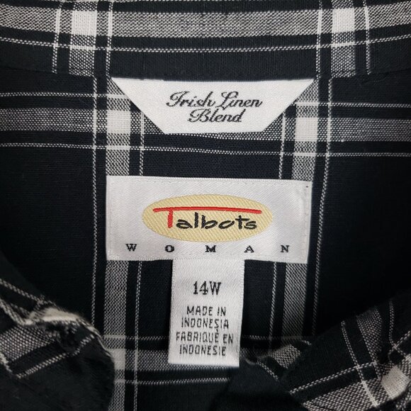 Talbots Irish Linen Blend Button Up Shirt Black White Plaid 3/4 Sleeve Size 14W - Picture 4 of 7